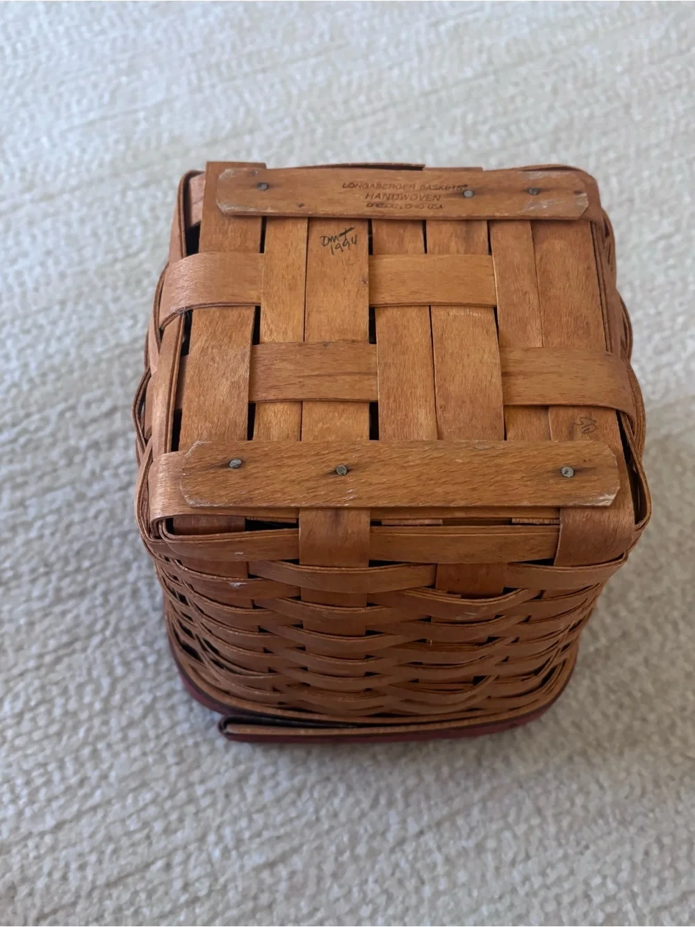 Longaberger Brown Woven Square Basket with Red Accent Trim